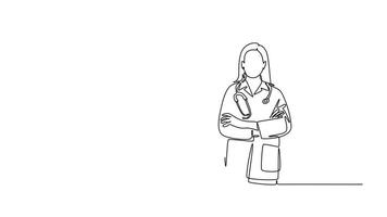 Self drawing animation of single line draw of young male and female doctors standing together with folded hands gesture. Teamwork medical healthcare service. Continuous line draw. Full length animated video