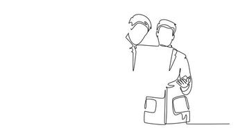 Animated self drawing of continuous line draw group of male and female doctors discussing patient health condition while reading medical report. Medical checkup concept. Full length one line animation video
