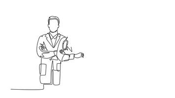 Self drawing animation of single line draw group of male and female doctor line up to celebrate their successful surgery operation. Team work services healthcare. Continuous line. Full length animated video