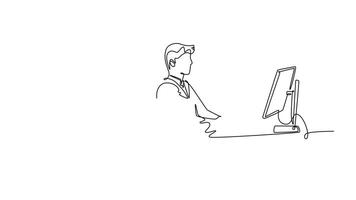 Self drawing animation of single line draw two male doctor discussing while watching medical record patient on computer screen. Hospital health care service. Continuous line draw. Full length animated video
