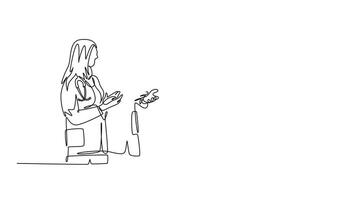 Self drawing animation of single line draw of happy hospital head giving congratulate handshake to group of doctors for teamwork achievements. Medical award. Continuous line draw. Full length animated video
