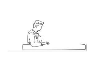 Animated self drawing of continuous line draw group of male and female doctors discus while watching medical record patient on computer. Hospital team work health care. Full length one line animation video