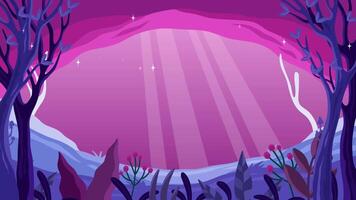 A purple forest with trees and a cave video