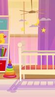 A baby's room with a crib, bookshelf and toys video