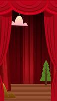 Theater stage with red curtains and a tree video