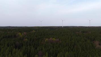 Aerial view of wind farm turbines set up in countryside with forest. Producing power using energy of nature. Incorporating technology into environment of nature. Cloudy sky. Electricity production. video