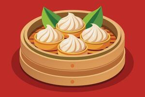 Dumplings in a bamboo steamer on a red background vector
