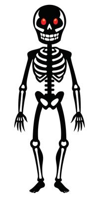 A cartoon skeleton with red eyes standing on a white background