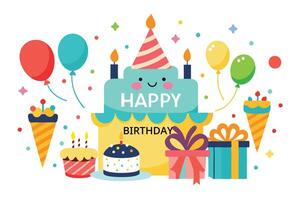 Happy birthday cake with candles and balloons vector