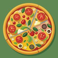 Pizza with different toppings on a green background vector