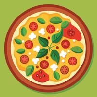 Pizza with tomato, basil and cheese on a green background vector