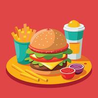 Fast food hamburger and fries on a plate with a drink vector
