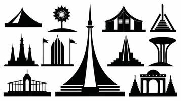 Various buildings and towers in black and white vector