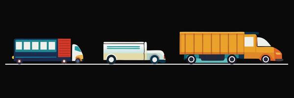 Three different types of trucks are shown on a black background vector