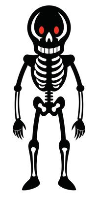 A cartoon skeleton with red eyes