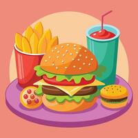 Fast food burger, fries and drink on a plate vector