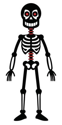 A cartoon skeleton with red eyes and a red mouth