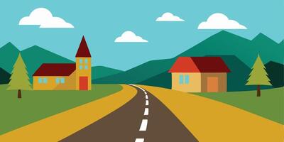 An illustration of a road with houses and mountains vector