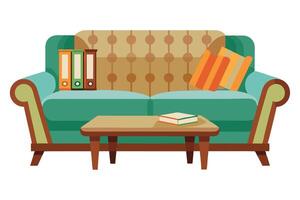 An old couch with books and a coffee table vector