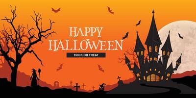 Halloween background Night Scene with Castle and Moon with orange background vector