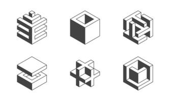 Black and white Cube logo, geometric design. Set box logotype company, trendy techno emblem in isometric 3D style. vector