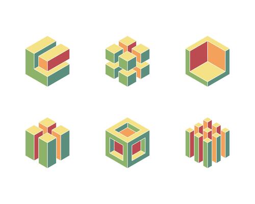 Cube logo, geometric design. Set box logotype company, trendy techno emblem in isometric 3D style.