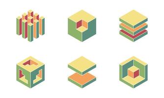 Cube logo, geometric design. Set box logotype company, trendy techno emblem in isometric 3D style. vector
