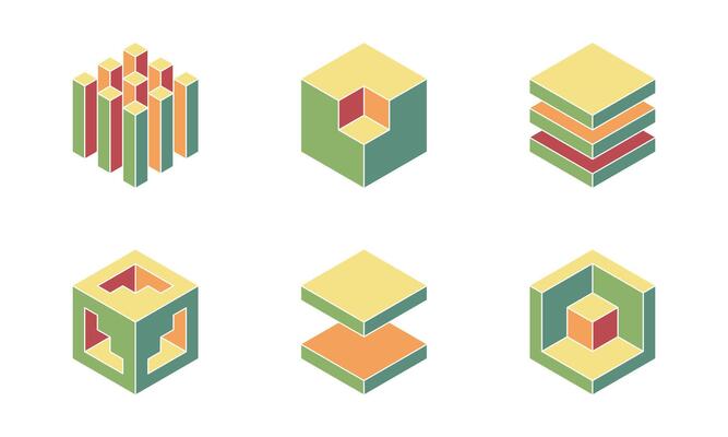 Cube logo, geometric design. Set box logotype company, trendy techno emblem in isometric 3D style.