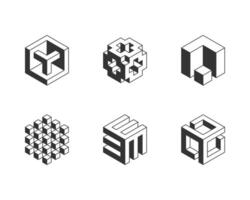 Black and white Cube logo, geometric design. Set box logotype company, trendy techno emblem in isometric 3D style. vector