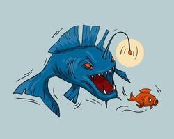 Deep sea fish is an evil predator hunting for fry. Design for printing on a t shirt. illustration vector