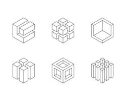 Black and white Cube logo, geometric design. Set box logotype company, trendy techno emblem in isometric 3D style. vector
