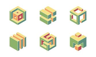 Cube logo, geometric design. Set box logotype company, trendy techno emblem in isometric 3D style. vector