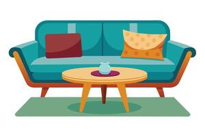 Retro sofa with pillows and coffee table illustration vector