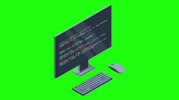 Isometric monitor with program code on screen animation. Computer programming with keyboard and mouse. Programming concept. Web development. 4K animated in isometric style video