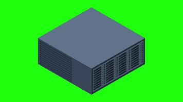 Isometric server animation. Server racks. Server boxes isolated. Network server room. Computer network technology. 4K animated in isometric style video