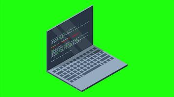 Isometric laptop with program code on screen animation. Programming concept. Web development. 4K animated in isometric style video
