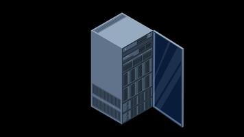 Isometric server animation. Server racks. Server boxes isolated. Network server room. Computer network technology. Transparent background with alpha channel video