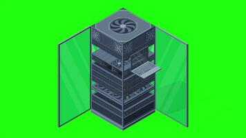 Isometric server animation. Server racks. Server boxes isolated. Network server room. Computer network technology. 4K animated in isometric style video