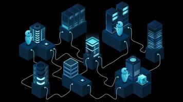 3d isometric concept big data center animation with server. Cloud computing. Network mainframe infrastructure. Isometric high technology concept. Transparent background with alpha channel video