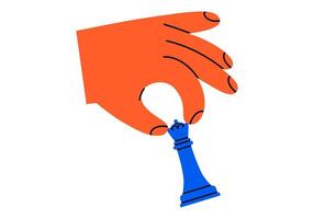 Hand drawn cute cartoon illustration of hand with queen. Flat chess figure in arm doodle style. High ambitions. Strategy or intelligence icon. Tactic thinking. Board game. Isolated. vector