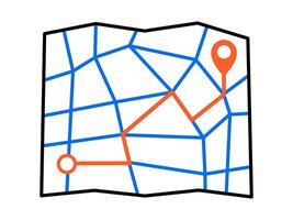 Hand drawn cute cartoon illustration city map with gps pin. Flat direction choice doodle. Navigation sticker or icon. Strategy solution. Travel navigation. Searching for opportunity. Isolated. vector