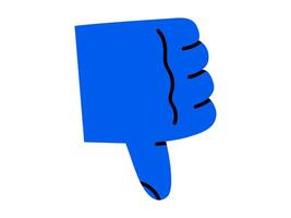 Hand drawn cute cartoon illustration hand with dislike gesture. Flat thumbs down arm sign doodle. Negative reaction. Social media addiction icon. Disagree message from follower. Isolated. vector