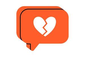Hand drawn cute cartoon illustration speech bubble with broken heart. Flat disagree message doodle. Negative reaction. Social media addiction icon. Dating app. Dislike from follower. Isolated. vector