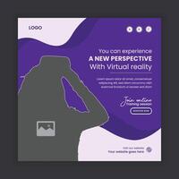 Realistic VR glasses social media post banner design. Future technology flyer. Virtual reality 3d game training workshop banner design vector
