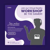 Virtual reality workshop social media post banner design, square flyer virtual reality workshop technology. vector