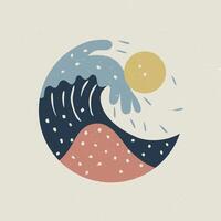 Abstract illustration of a blue wave, and yellow sun, enclosed in a circular frame on beige background vector