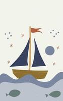 Playful illustration of a sailboat with a blue sail and a red flag, sailing on a wavy sea with two fish swimming below vector