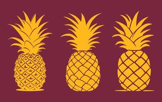 Three stylized pineapples in a row, arranged from left to right in decreasing detail vector