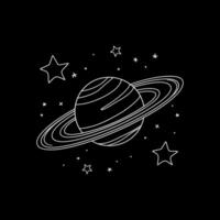 Minimalist line drawing of Saturn, a planet with rings, surrounded by stars on a black background vector