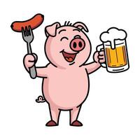 Happy pig with beer and sausage illustration vector